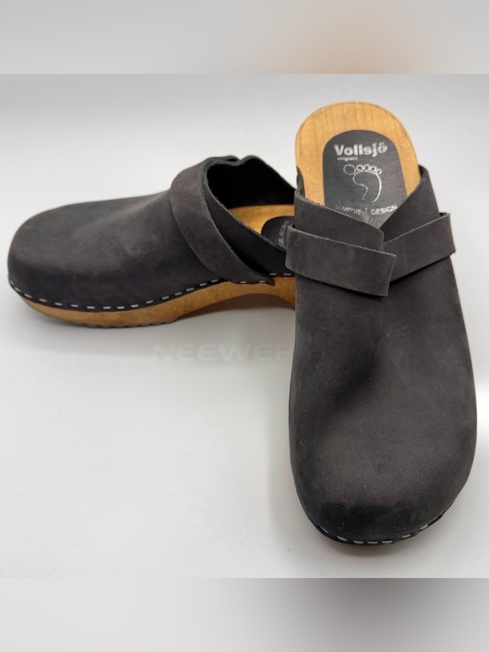 Vollsjo Charcoal Nubuck Leather Wood Clogs Size 41(US 11)